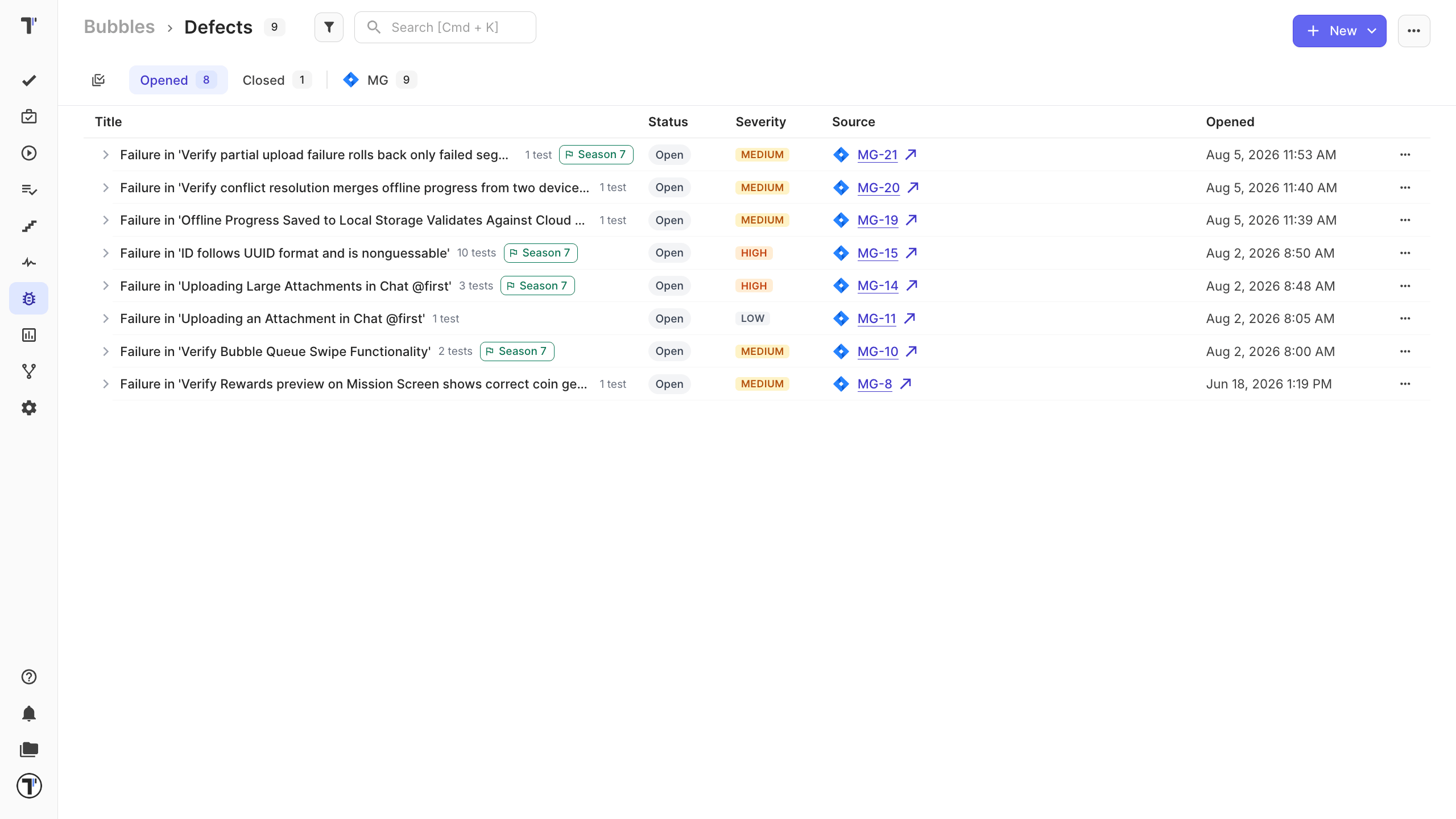 The Defects page with Opened and Closed tabs and source filters