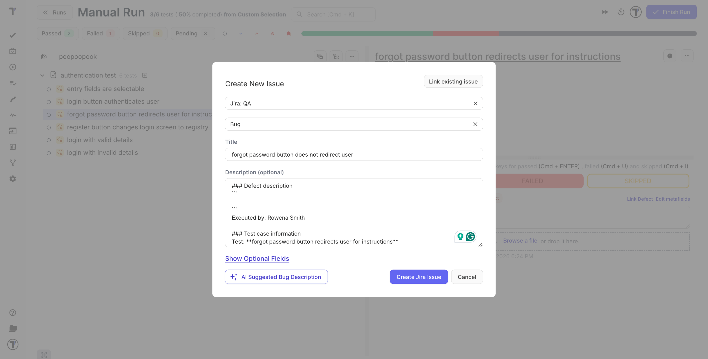 Reporting a defect to Jira from a failed test in a run